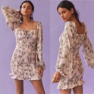 Kiss the Sky Pink Floral Smocked Bodycon Long Puff Sleeve Mini Dress Sz M NWT